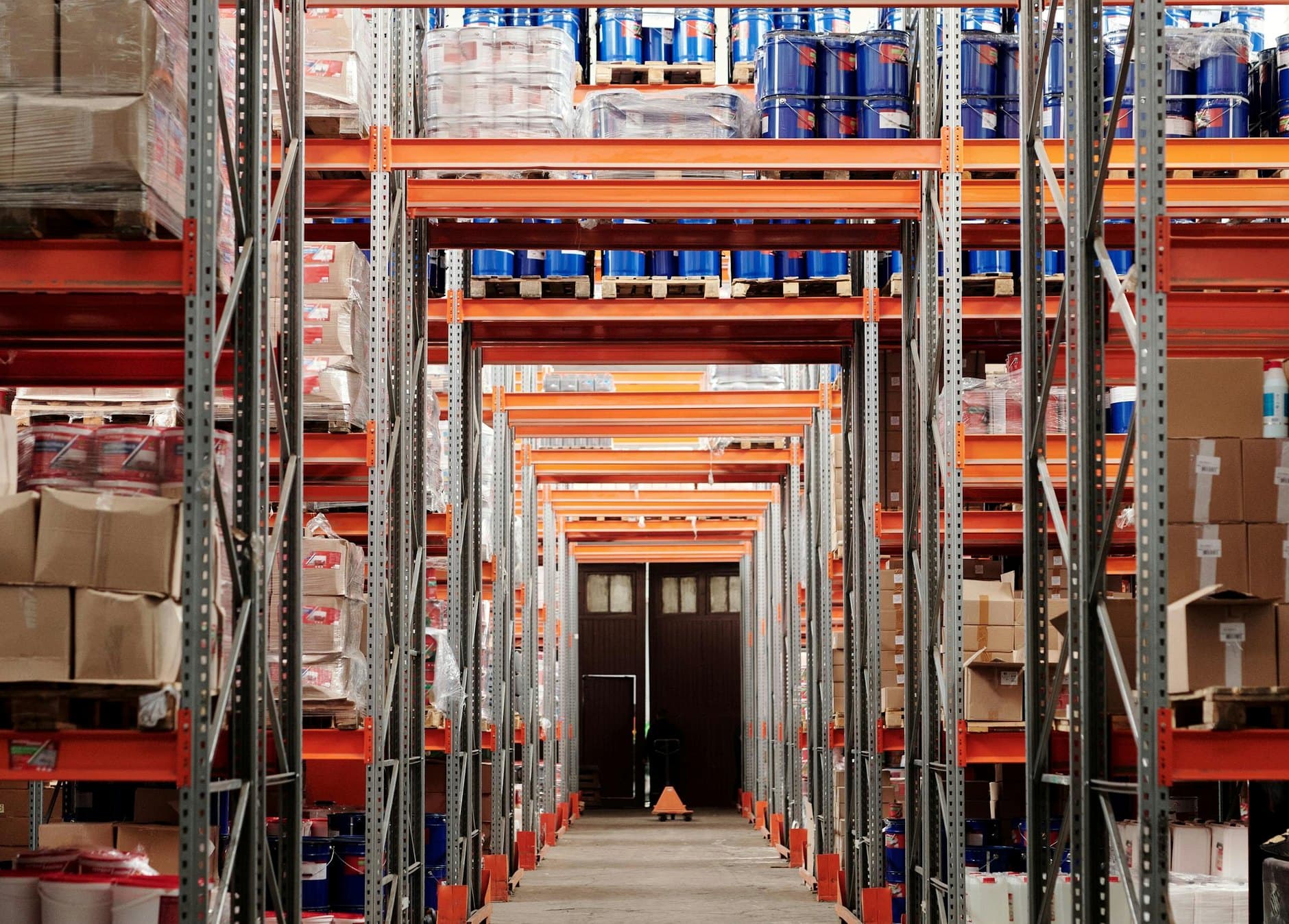 Warehouse racks loaded with palletized wholesale inventory
